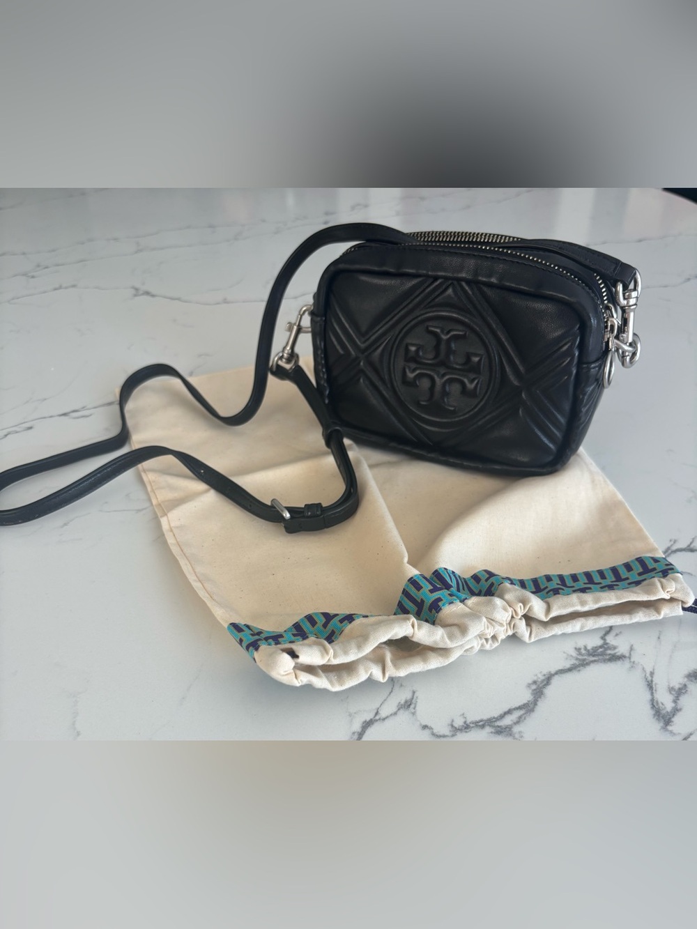 Tory Burch Black Quilted Leather Crossbody Camera Bag